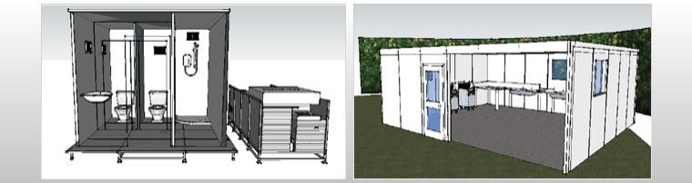 Examples of a Toilet/Shower Block and Kitchen Units with open section.